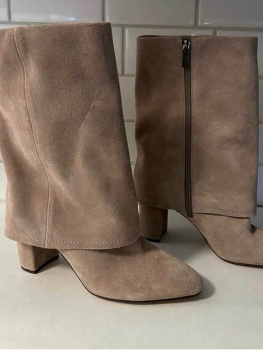 Vince Camuto Suede Mid-Calf Block Heel Boots - Taupe